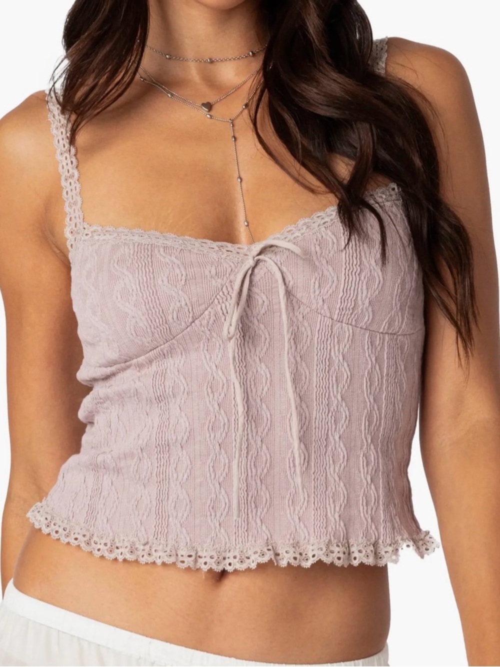 Edikted Lace-Trim Cable Knit Cami in Dusty Mauve
